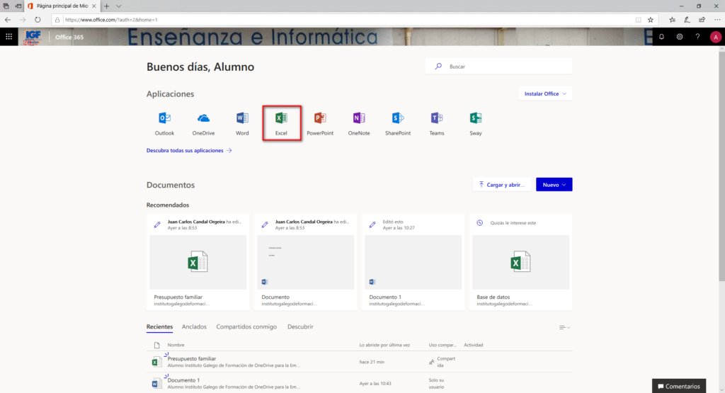 Inciar Excel online - Instituto Galego de Formación