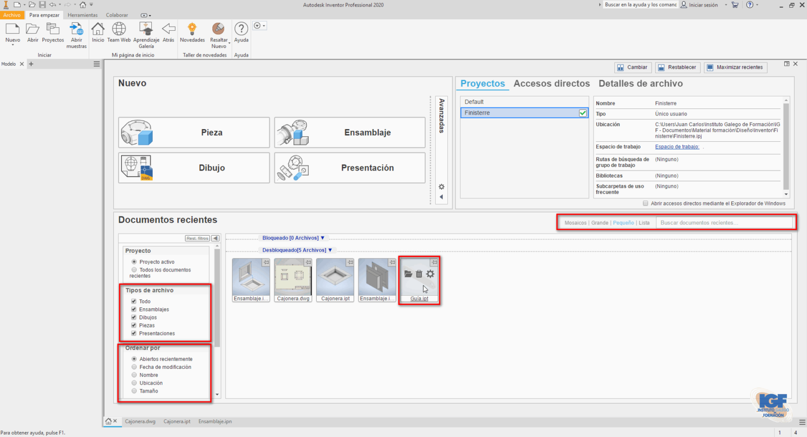 Trabajar con proyectos en Inventor - Instituto Galego de formación