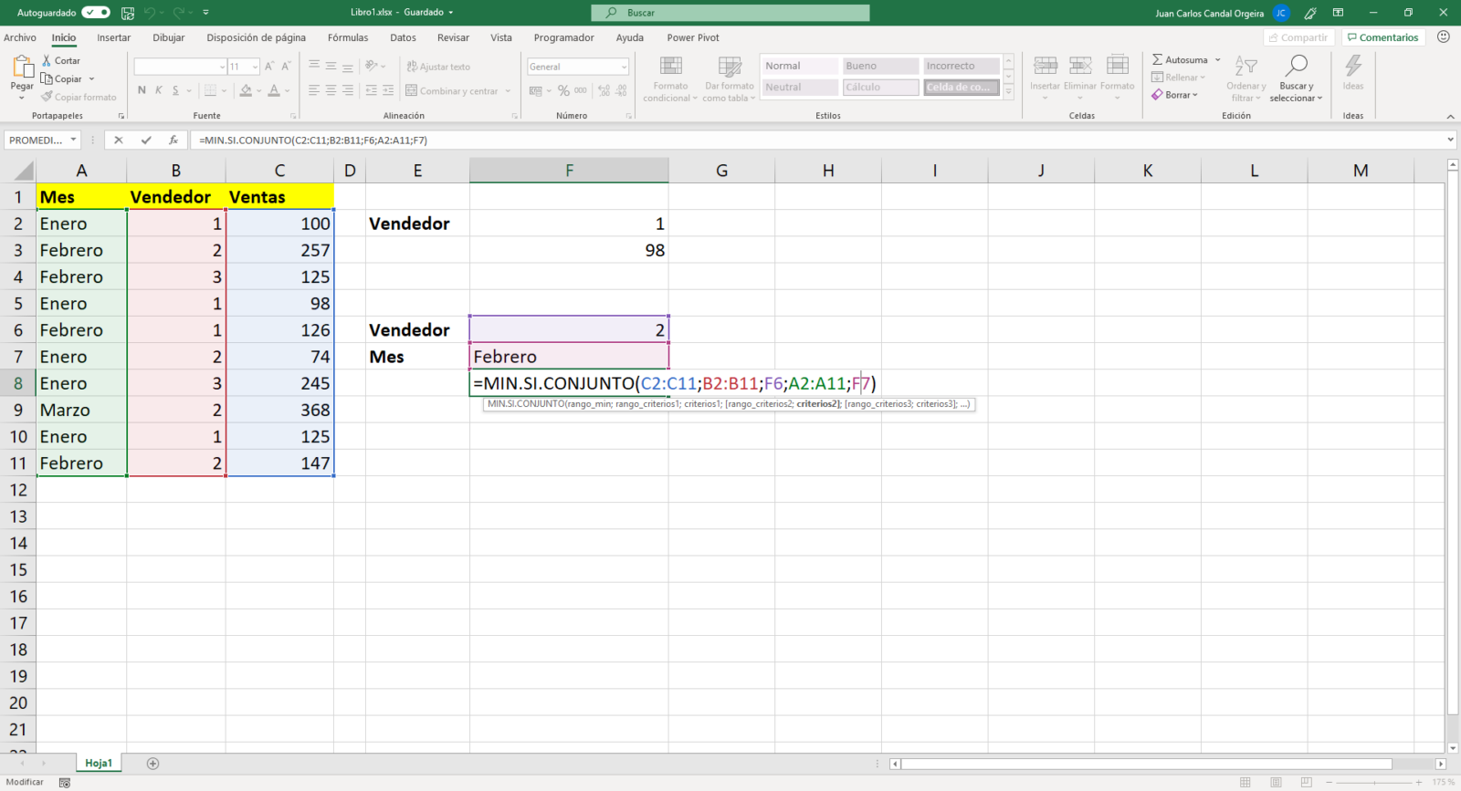 función MIN.SI.CONJUNTO de Excel