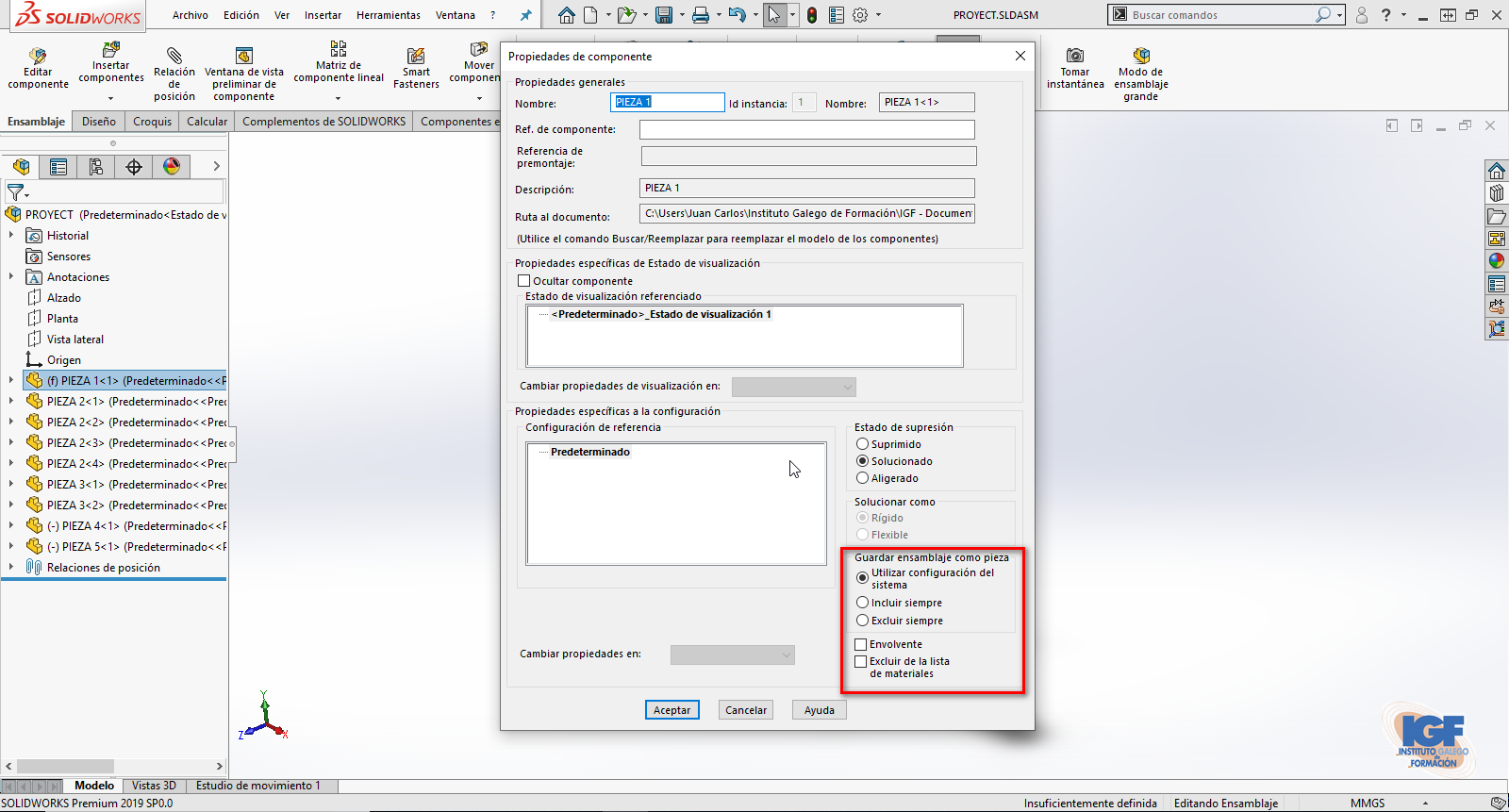 guardar un ensamblaje como pieza en SOLIDWORKS 2019