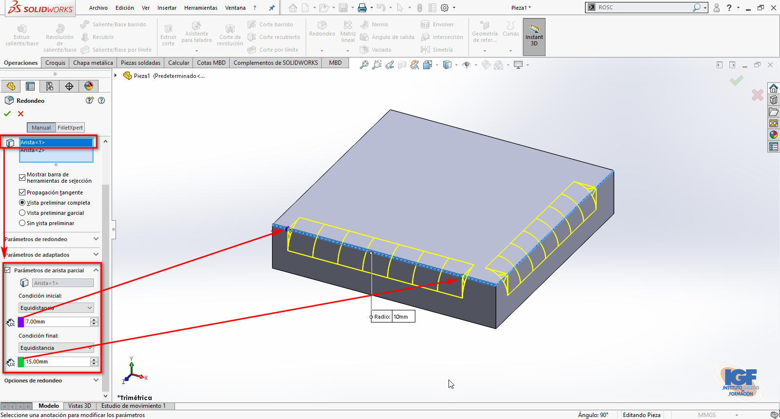 redondeo de arista parcial en SOLIDWORKS 2019