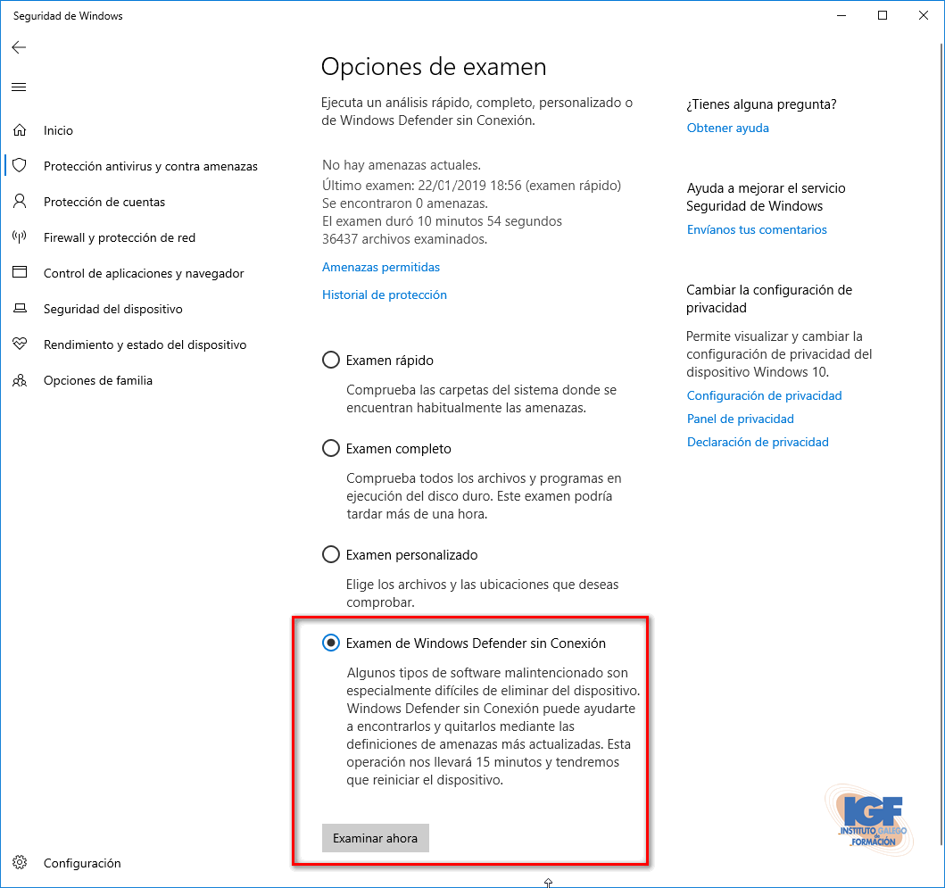 Examen de Windows defender sin conexión - igf.es