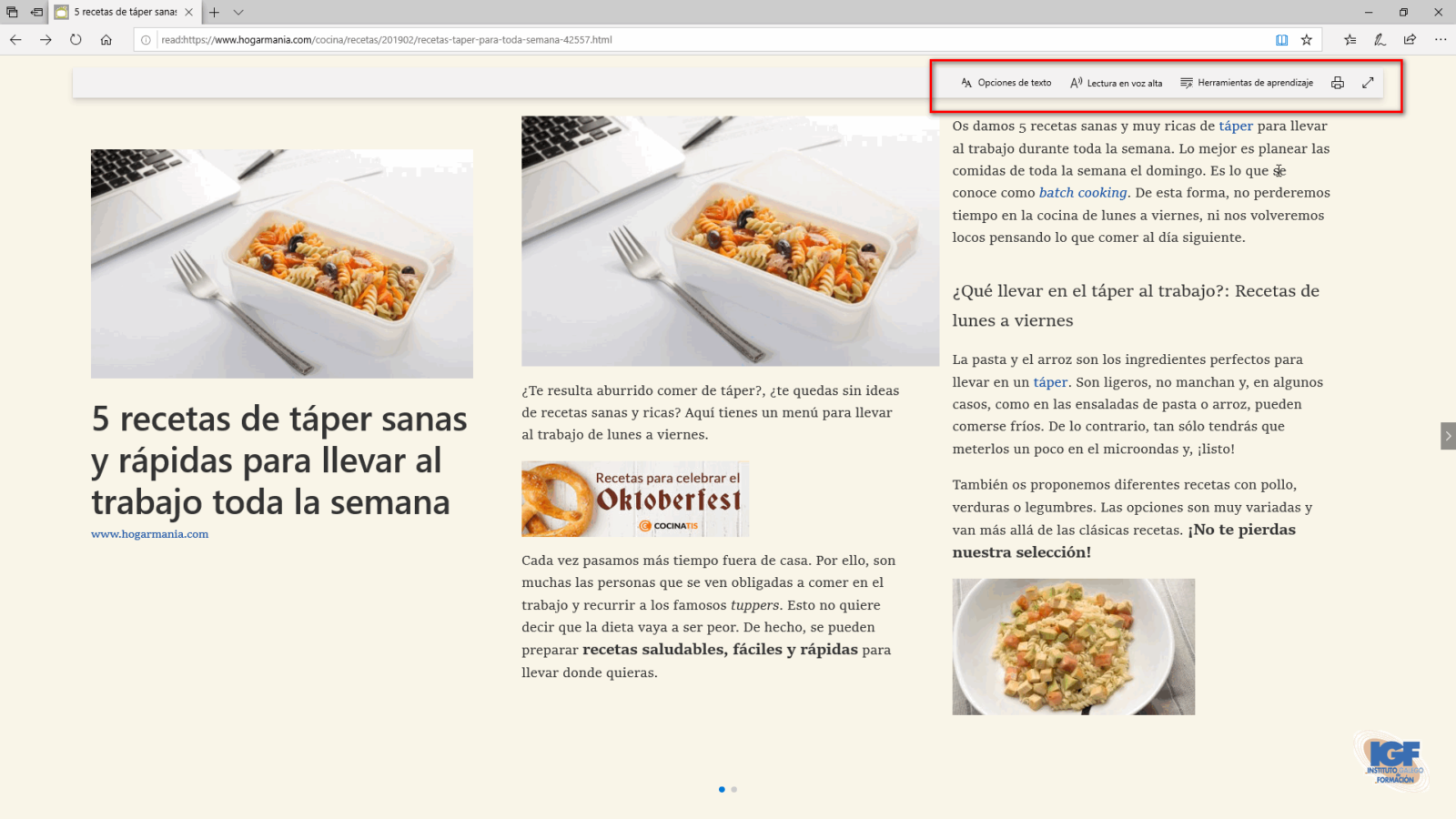 vista de lectura de Microsoft Edge.