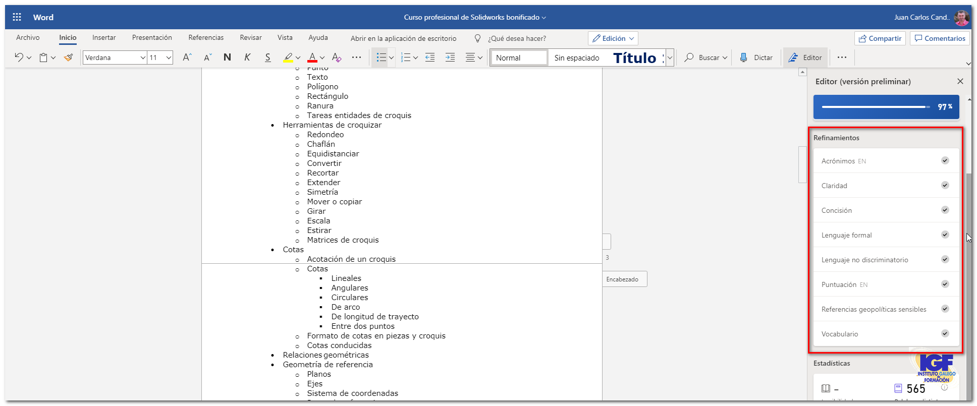 Editor de Word online IGF Instituto Galego de Formación