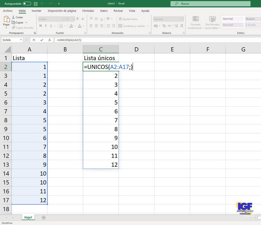Función unicos de Microsoft Excel - igf.es